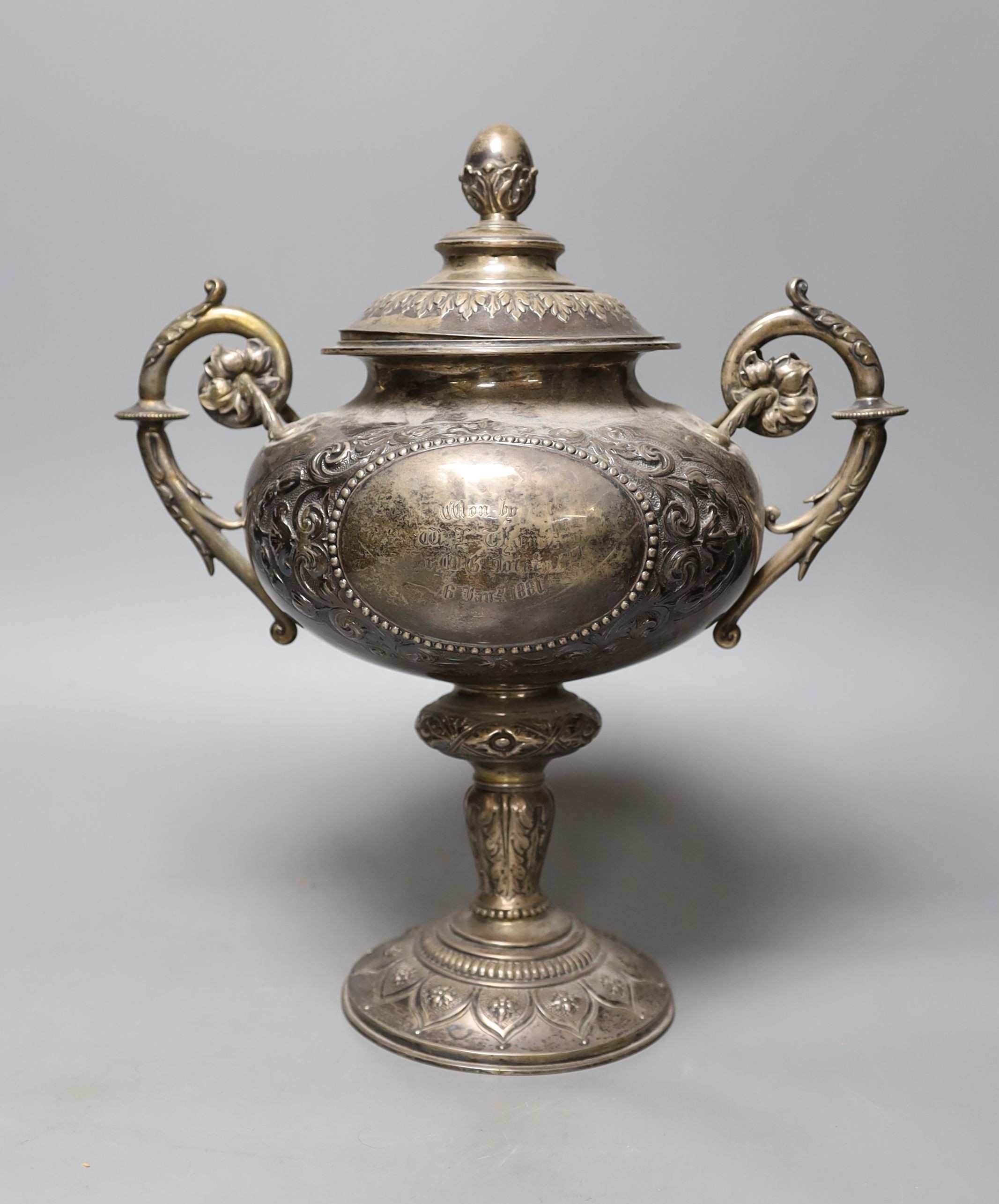 A Victorian silver presentation two handled trophy cup and cover, by Henry Holland